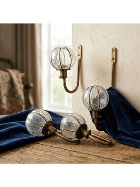 Vintage Caged Crackle Glass Orb Curtain Tie Back Hooks Antique Brass Set of 4